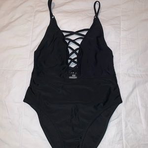 Black Lace-Up One Piece Swimsuit
